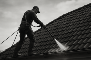 Un professionnel nettoie une toiture avec un jet d'eau pour enlever les fientes de pigeon.