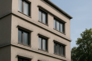 Façade d'un immeuble avec dispositifs anti-pigeon installés, ciel bleu en arrière-plan.