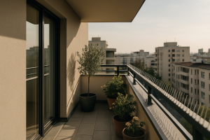 Balcon moderne avec des dispositifs anti-pigeon, plantes en pots, vue urbaine.