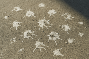 Gros plan sur du béton avec fientes de pigeon, texture visible.