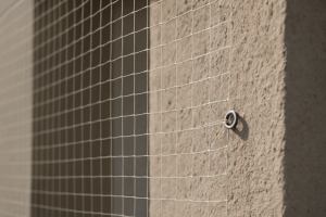 Vue détaillée d'un filet anti-pigeon sur un mur de façade avec une lumière naturelle.