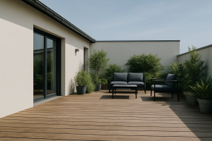 Terrasse moderne en bois sans traces de pigeons, mobilier et plantes en arrière-plan.