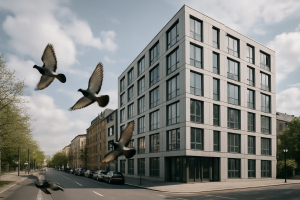 Immeuble moderne en ville avec des pigeons volant autour, lumière du jour.