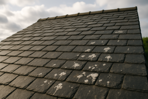 Toiture en ardoise avec des fientes de pigeon visibles, ciel nuageux en arrière-plan.