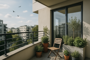 Balcon moderne avec plantes et dispositifs pour éloigner les pigeons, vue extérieure.