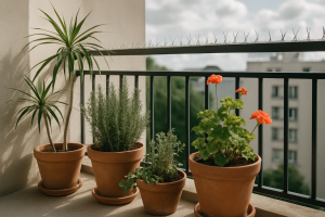 Balcon avec plantes en pots et dispositifs anti-pigeon sous une lumière naturelle du matin.