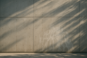 Surface en béton partiellement nettoyée, éclairée par le soleil du matin, ombres douces.