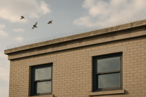 Façade urbaine avec dispositifs anti-pigeon et pigeons volant au loin.