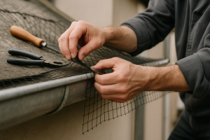 Des mains installent un filet anti-pigeon sur une gouttière avec des outils à proximité.