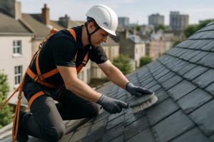Un professionnel en tenue de sécurité nettoie des fientes de pigeon sur une toiture en ardoise sous un ciel clair.