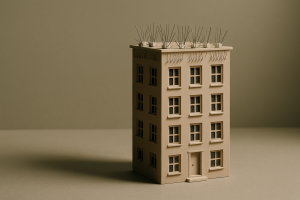 Maquette miniature d'un immeuble avec dispositifs anti-pigeon, fond uni.