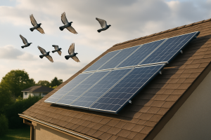 Toit avec panneaux solaires, pigeons volant autour, lumière douce