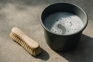 Brosse et seau sur surface en béton, éclairage naturel, texture visible.