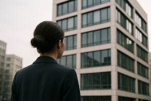 Silhouette de dos devant une façade moderne, lumière douce, scène urbaine
