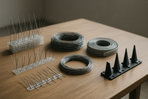 Ensemble d'outils anti-pigeon sur une table en bois, bien organisés.