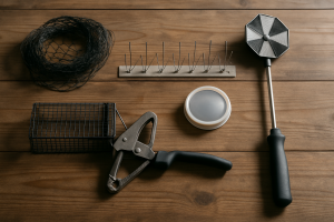 Divers outils de dépigeonnage disposés sur une table en bois, éclairage latéral