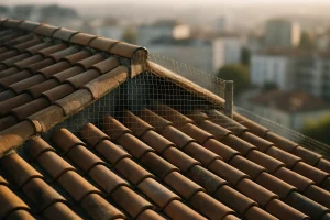 Toit en tuiles avec filets anti-pigeons, vue en plongée, lumière matinale.