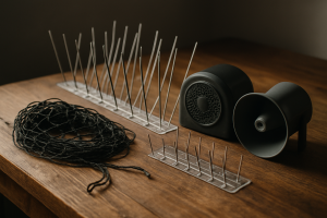 Outils de dépigeonnage sur une table en bois, lumière latérale douce.