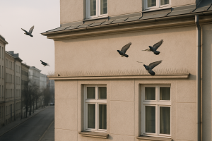 Façade urbaine avec dispositifs anti-pigeon, pigeons en vol, lumière douce.