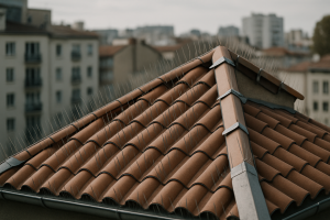 Toit en tuiles avec dispositifs anti-pigeon installés, lumière du jour douce.