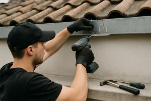 Une personne installe des dispositifs anti-pigeon sous un toit, utilisant des outils spécialisés.