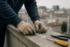 Mains installant un dispositif anti-pigeon sur une corniche avec outils visibles.