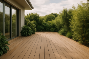 Terrasse moderne en bois sans fientes de pigeon, entourée de plantes vertes sous un ciel nuageux.