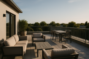 Terrasse moderne avec mobilier, sans traces de fientes de pigeon, sous un ciel clair.