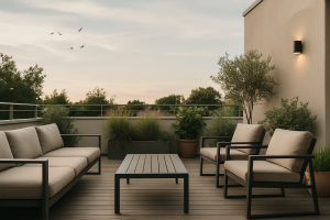 Terrasse moderne avec mobilier de jardin, plantes et oiseaux en vol au loin.