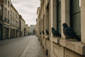 Pigeons posés sur des rebords de fenêtres dans une rue avec architecture urbaine.