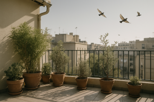 Terrasse avec plantes en pots, pigeons en vol au loin, ciel dégagé.