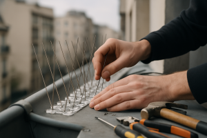Mains installant un dispositif anti-pigeon sur une gouttière, outils visibles.