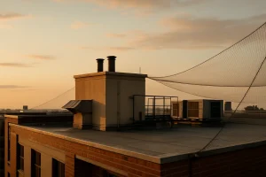 Toit d'immeuble urbain au crépuscule avec filets anti-pigeons, ciel lumineux en arrière-plan.