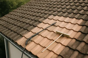 Toiture en tuiles avec traces de nettoyage après enlèvement de fientes de pigeon, quelques outils visibles.
