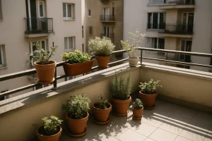 Balcon avec plantes en pots et dispositifs anti-pigeons, éclairage naturel.