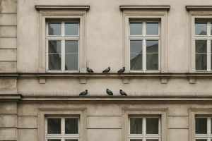 Vue extérieure d'une façade avec dispositifs anti-pigeons et quelques pigeons visibles.
