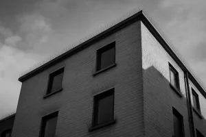 Immeuble avec dispositifs anti-pigeons, vue noir et blanc, contrastes marqués
