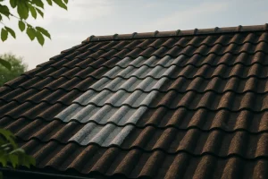Toiture en tuiles montrant des traces de nettoyage avec quelques feuilles en premier plan