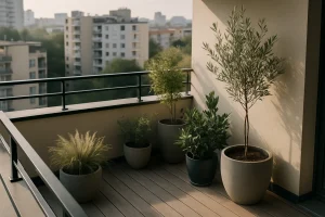 Balcon urbain avec plantes en pot, éclairage doux de fin d'après-midi.