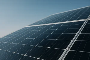 Gros plan sur un panneau solaire propre, sans pigeons, sous un ciel bleu.
