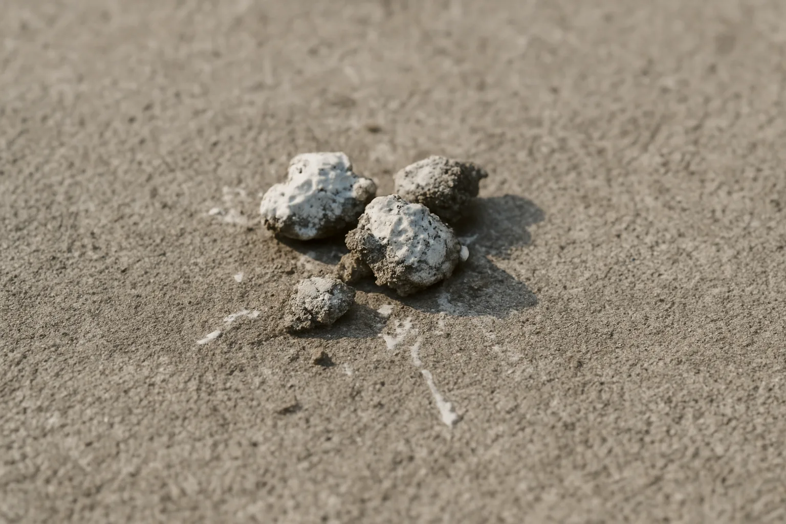 Fientes de pigeon séchées sur une surface de béton, texture granuleuse.