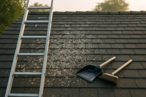 Toit avec fientes de pigeon, échelle et outils de nettoyage sous lumière douce