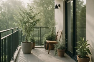 Balcon moderne avec des plantes, protégé des pigeons, éclairage du matin.