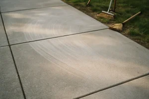 Un trottoir en béton avec des traces de nettoyage et quelques outils présents.