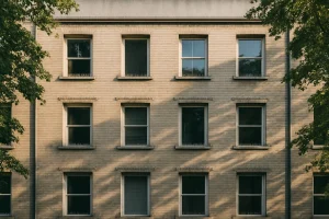 Façade urbaine avec des dispositifs anti-pigeons installés, éclairée par la lumière du matin.