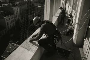 Équipe installant des filets anti-pigeons sur un bâtiment urbain en noir et blanc.