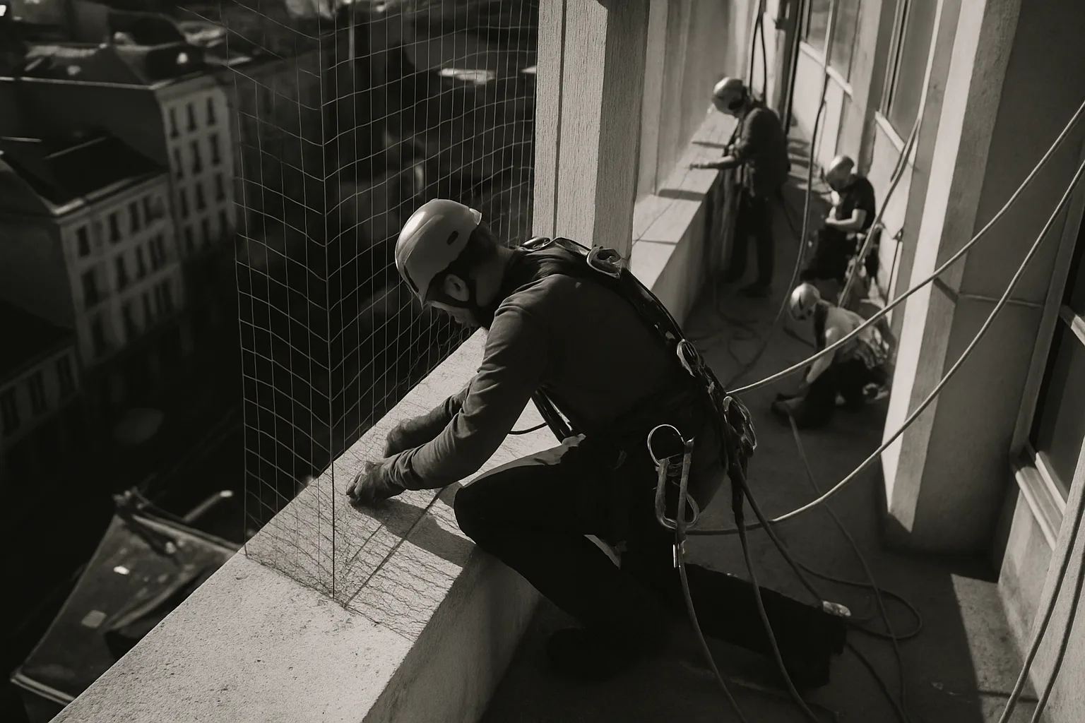Équipe installant des filets anti-pigeons sur un bâtiment urbain en noir et blanc.