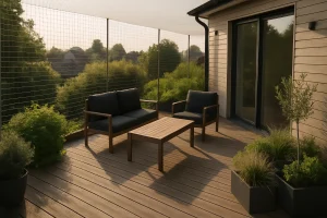 Terrasse en bois avec systèmes anti-pigeons et mobilier d'extérieur, vue du matin.