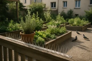 Jardin urbain avec dispositifs anti-pigeons, lumière de l'après-midi, pigeons en arrière-plan.