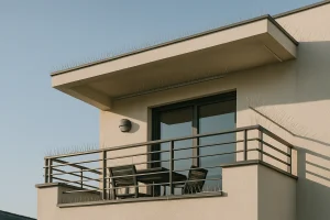 Terrasse moderne avec dispositifs anti-pigeons sous un ciel dégagé.